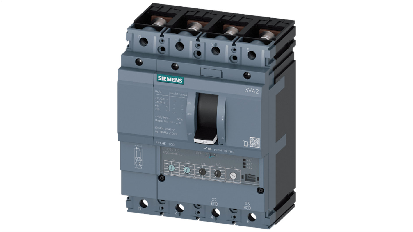 Siemens SENTRON 3VA2, Leistungsschalter MCCB 4-polig, 100A / Abschaltvermögen 110 kA, Fest