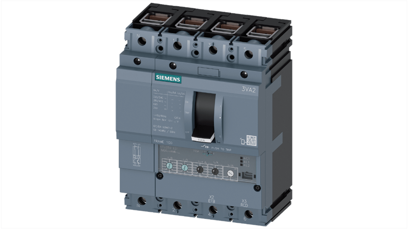 Siemens SENTRON 3VA2, Leistungsschalter MCCB 4-polig, 100A / Abschaltvermögen 110 kA, Fest