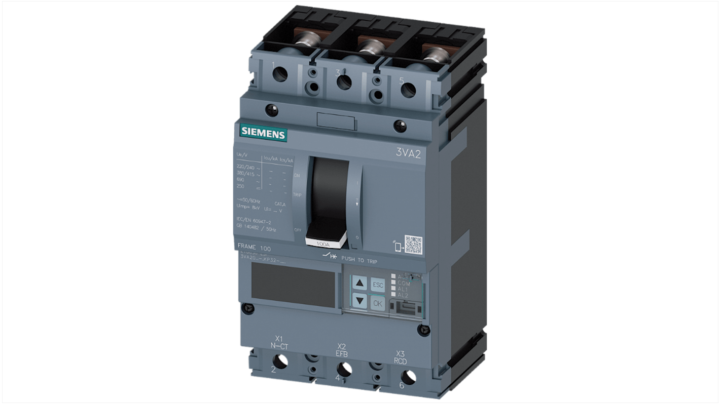 Siemens, SENTRON MCCB 3P 100A, Breaking Capacity 110 kA, Fixed Mount