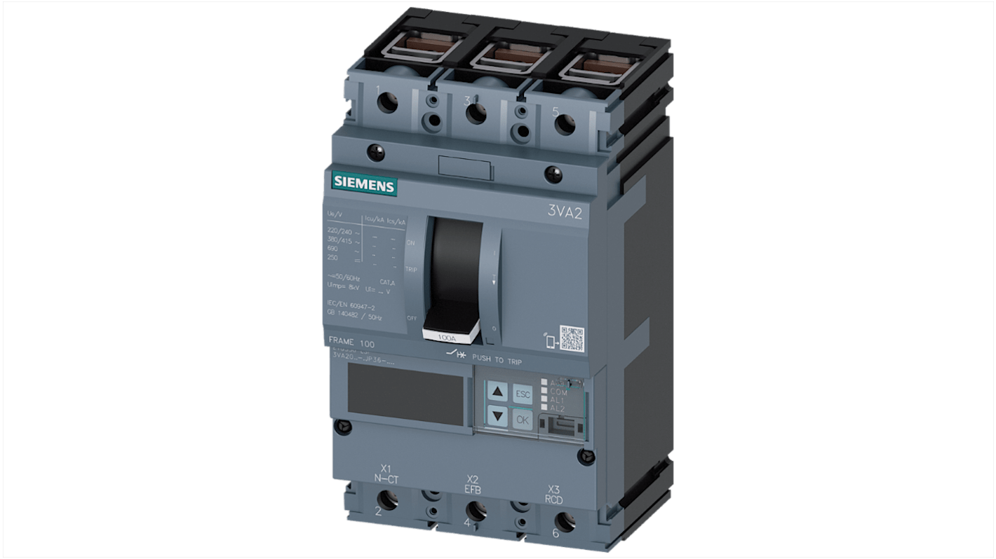 Disjoncteur Siemens SENTRON 3 pôles, 100A, pouvoir de coupure 150 kA, montage fixe