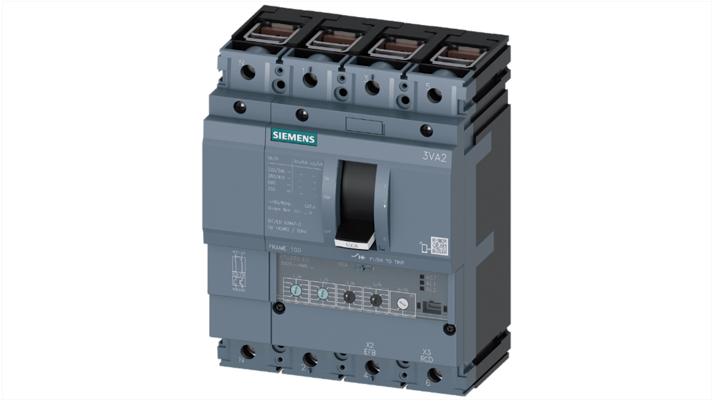 MCCB Siemens, 4 Polos, 25A, Capacidad de Ruptura 55 kA, Montaje fijo, SENTRON, 3VA2