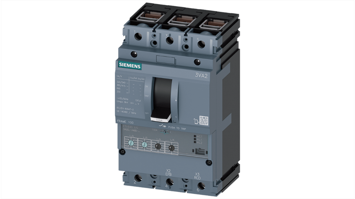 MCCB Siemens, 3 Polos, 25A, Capacidad de Ruptura 110 kA, Montaje fijo, SENTRON, 3VA2