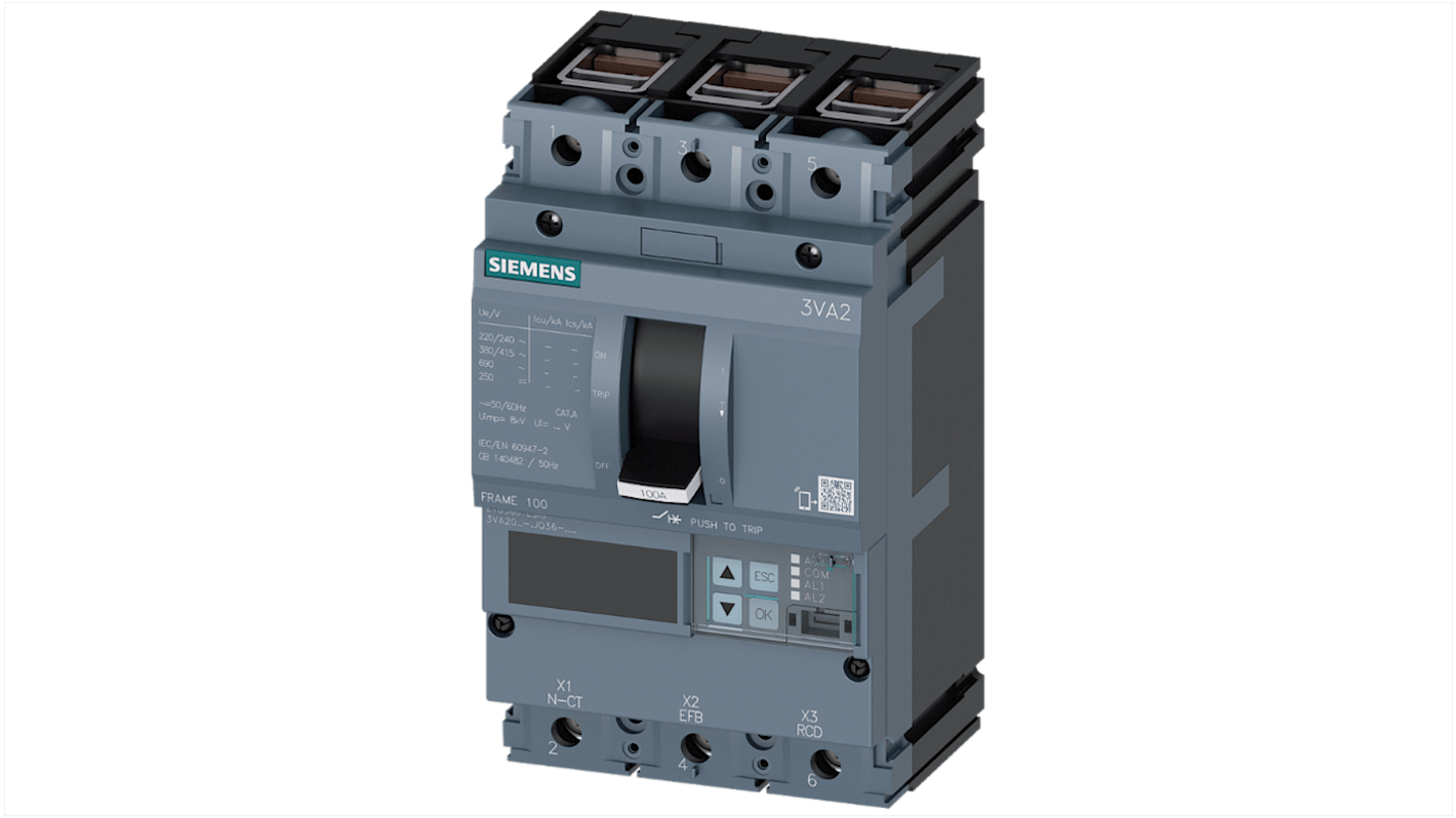 MCCB Siemens, 3 Polos, 25A, Capacidad de Ruptura 110 kA, Montaje fijo, SENTRON, 3VA2