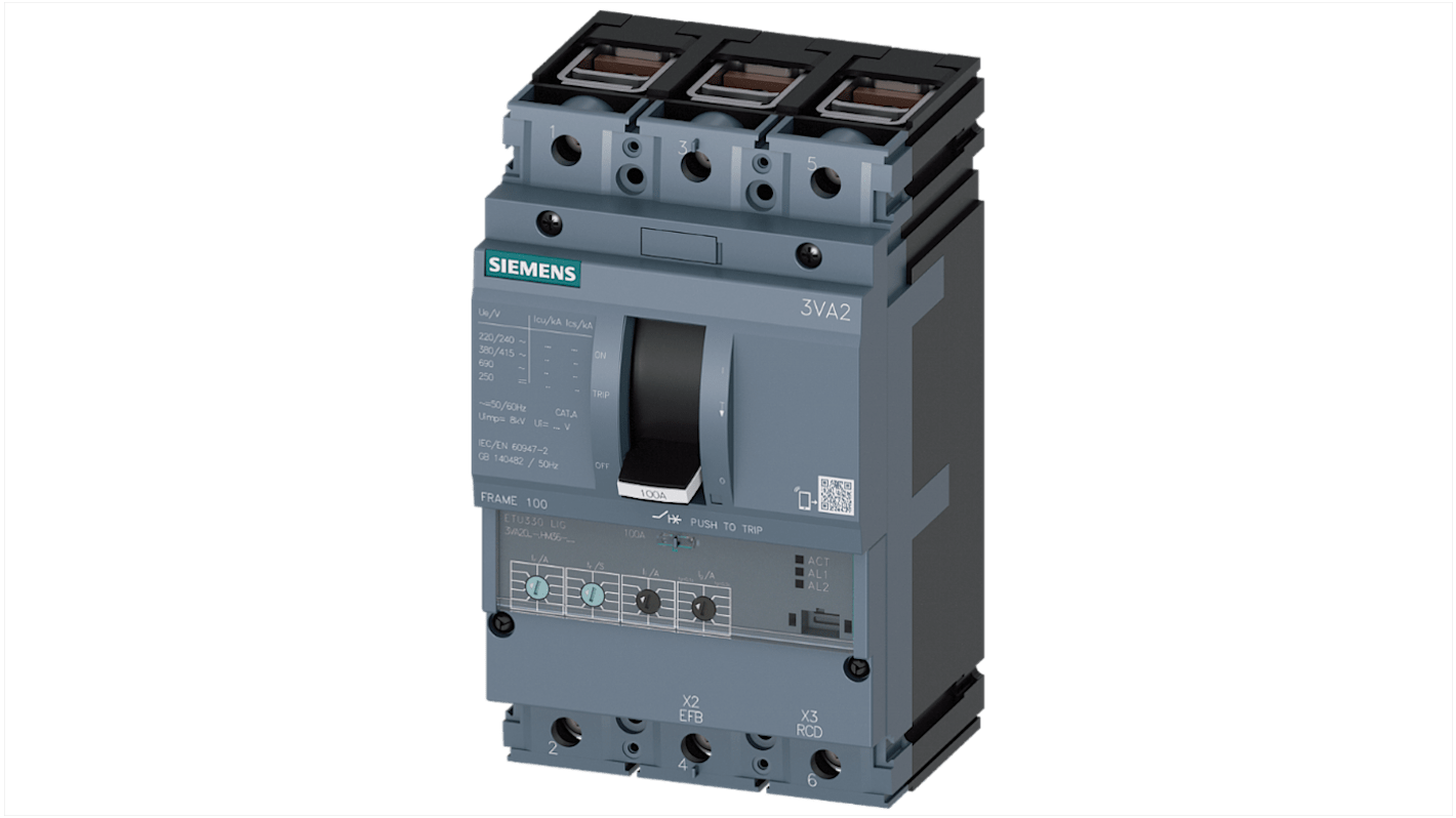 Disjoncteur Siemens SENTRON 3 pôles, 40A, pouvoir de coupure 85 kA, montage fixe