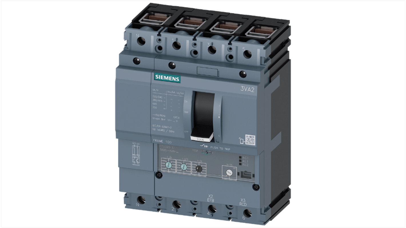 MCCB Siemens, 4 Polos, 40A, Capacidad de Ruptura 110 kA, Montaje fijo, SENTRON, 3VA2