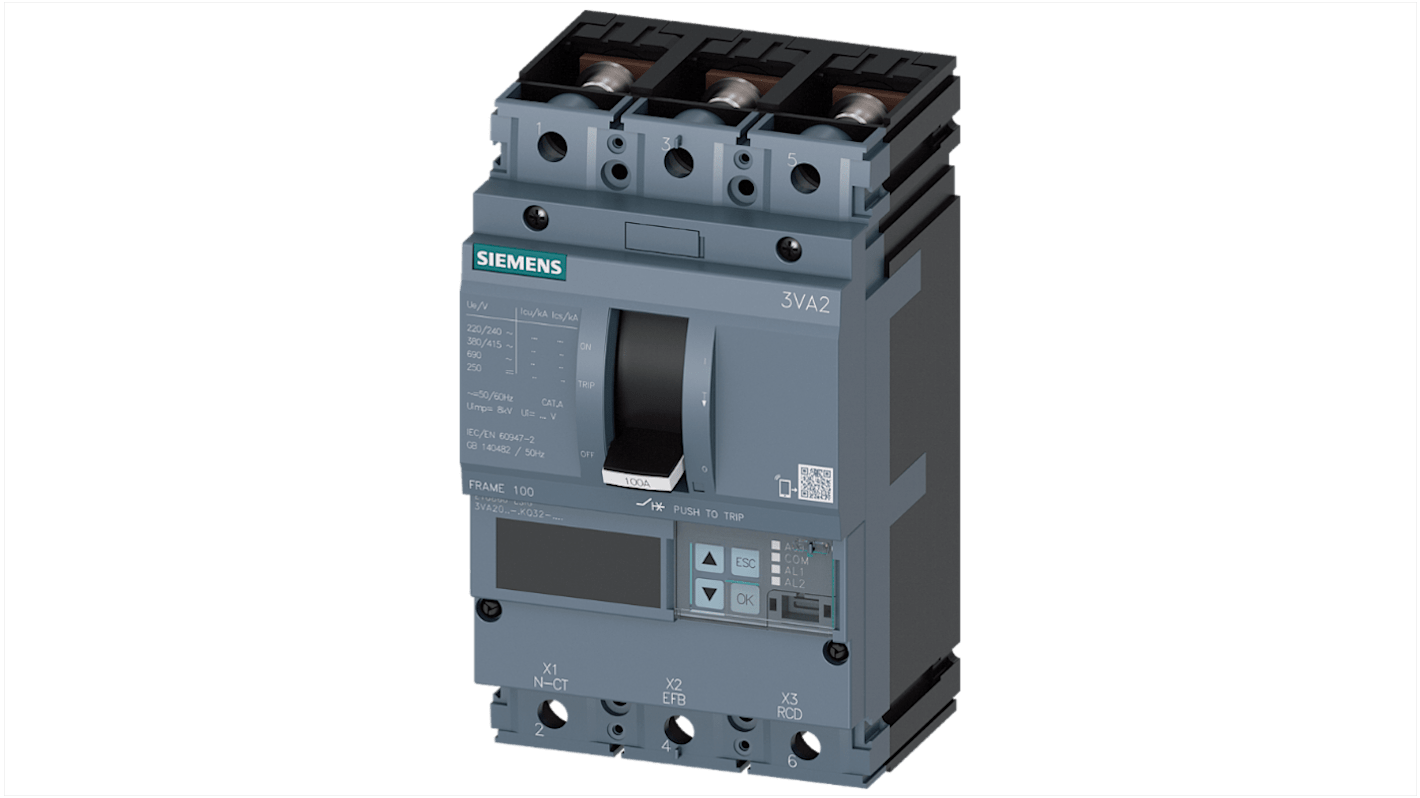 MCCB Siemens, 3 Polos, 63A, Capacidad de Ruptura 55 kA, Montaje fijo, SENTRON, 3VA2