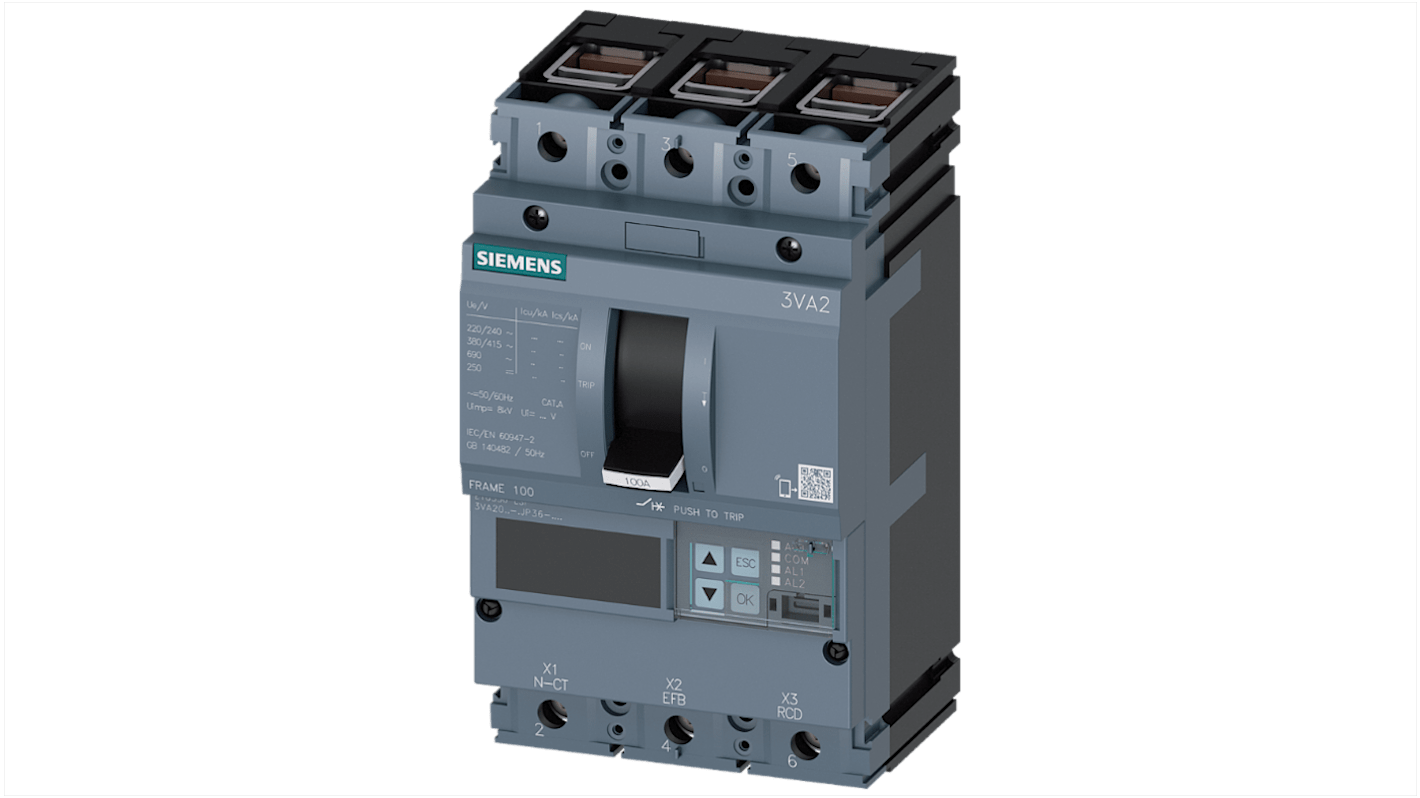 MCCB Siemens, 3 Polos, 63A, Capacidad de Ruptura 85 kA, Montaje fijo, SENTRON, 3VA2