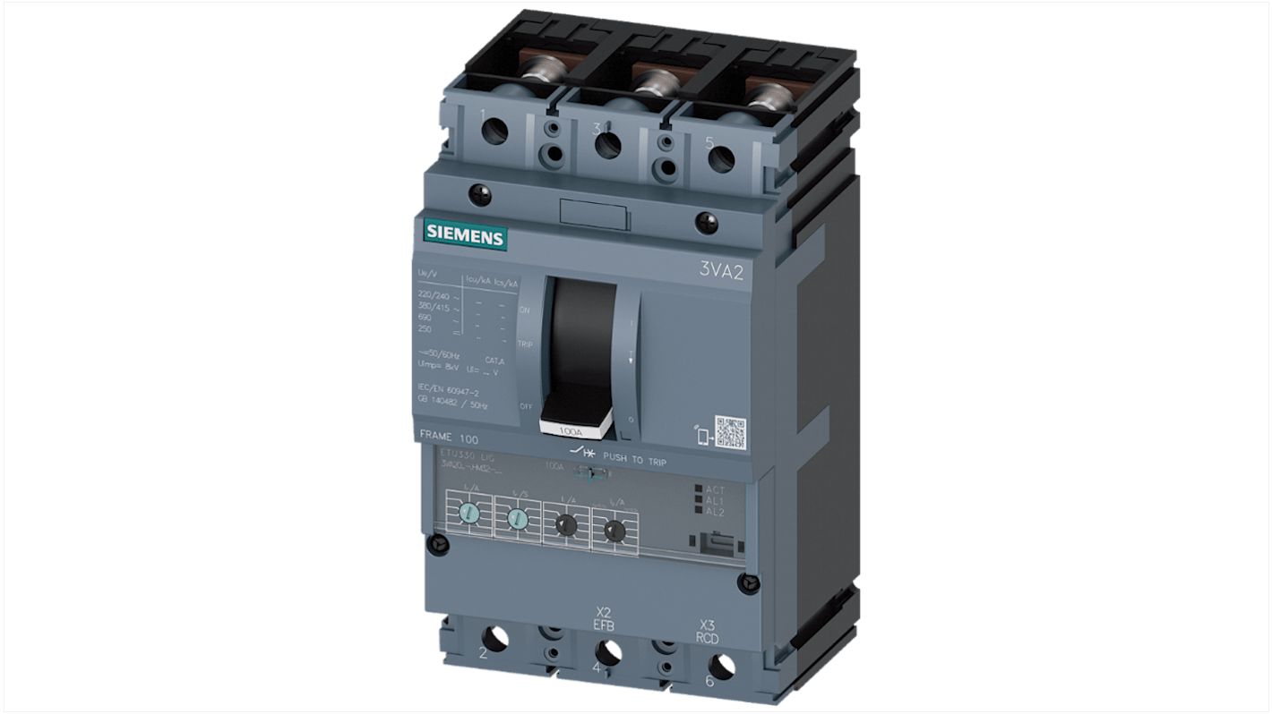 Disjoncteur Siemens SENTRON 3 pôles, 63A, pouvoir de coupure 110 kA, montage fixe