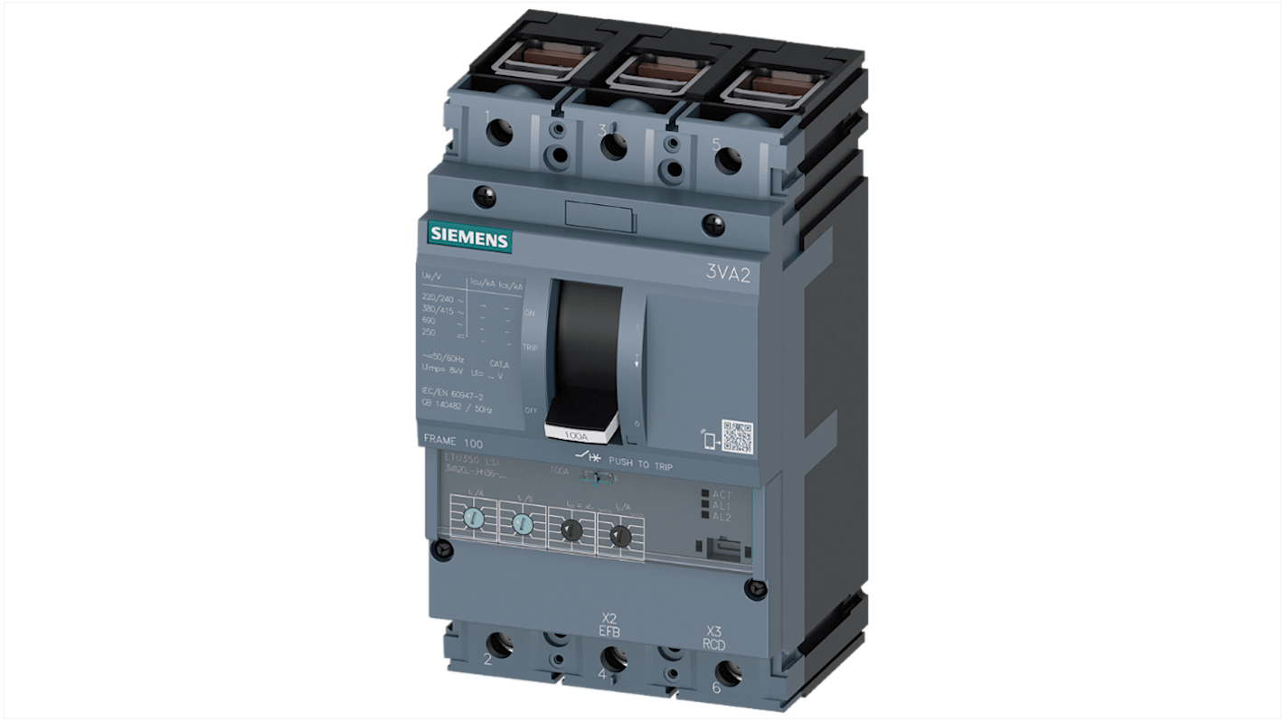 MCCB Siemens, 3 Polos, 63A, Capacidad de Ruptura 110 kA, Montaje fijo, SENTRON, 3VA2