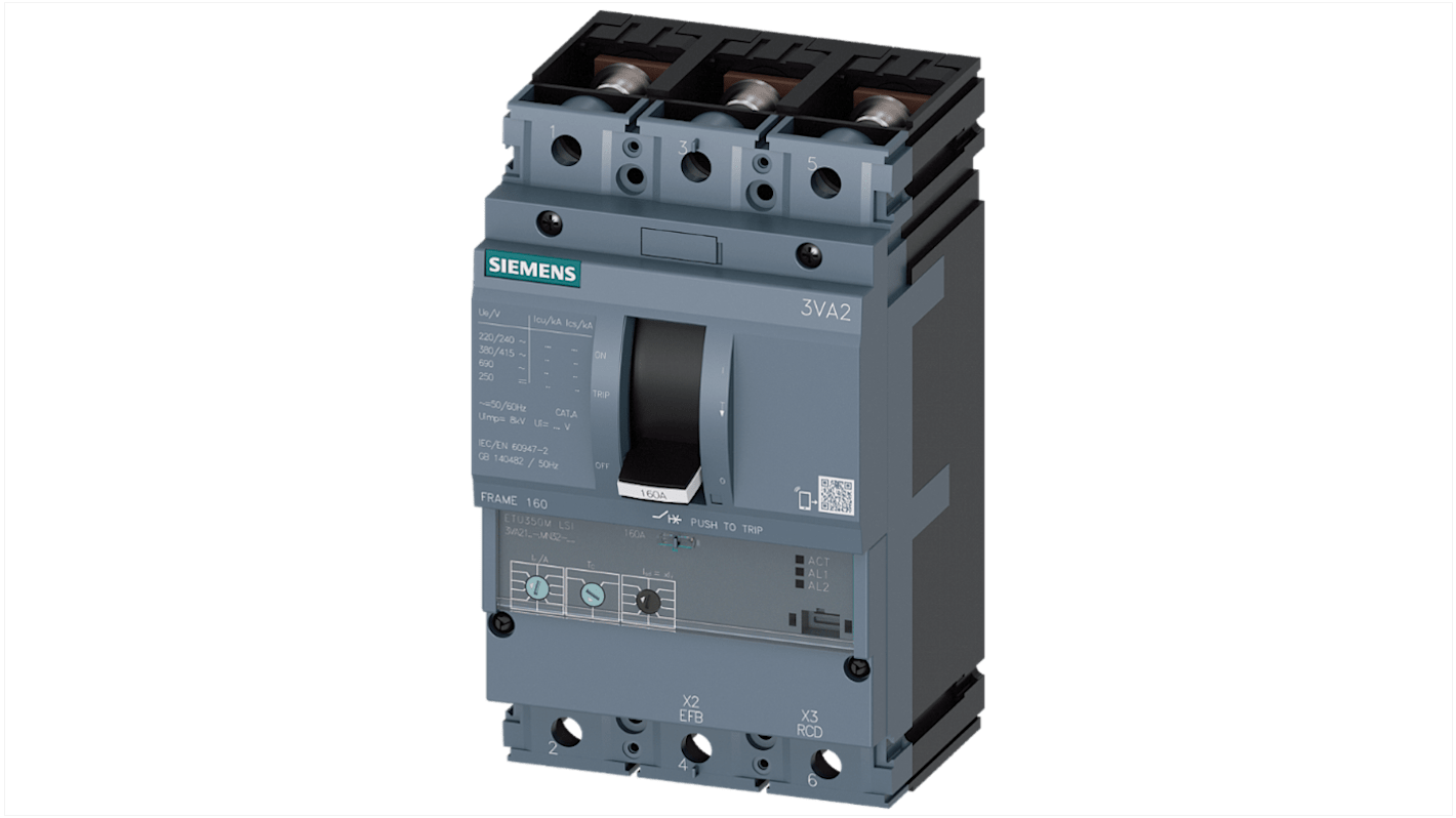 Siemens SENTRON 3VA2, Leistungsschalter MCCB 3-polig, 100A / Abschaltvermögen 200 kA, Fest