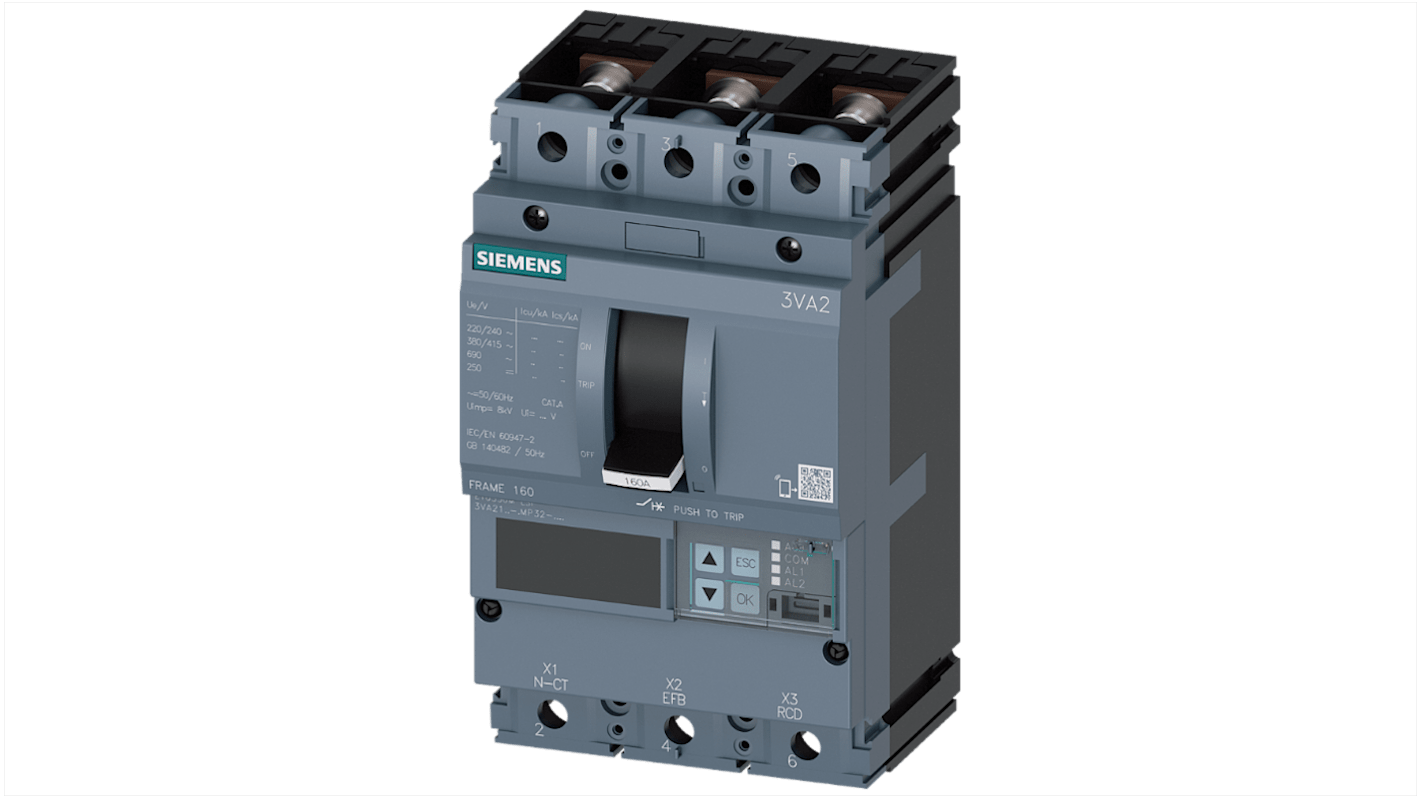 Siemens, SENTRON MCCB 3P 100A, Breaking Capacity 55 kA, Fixed Mount