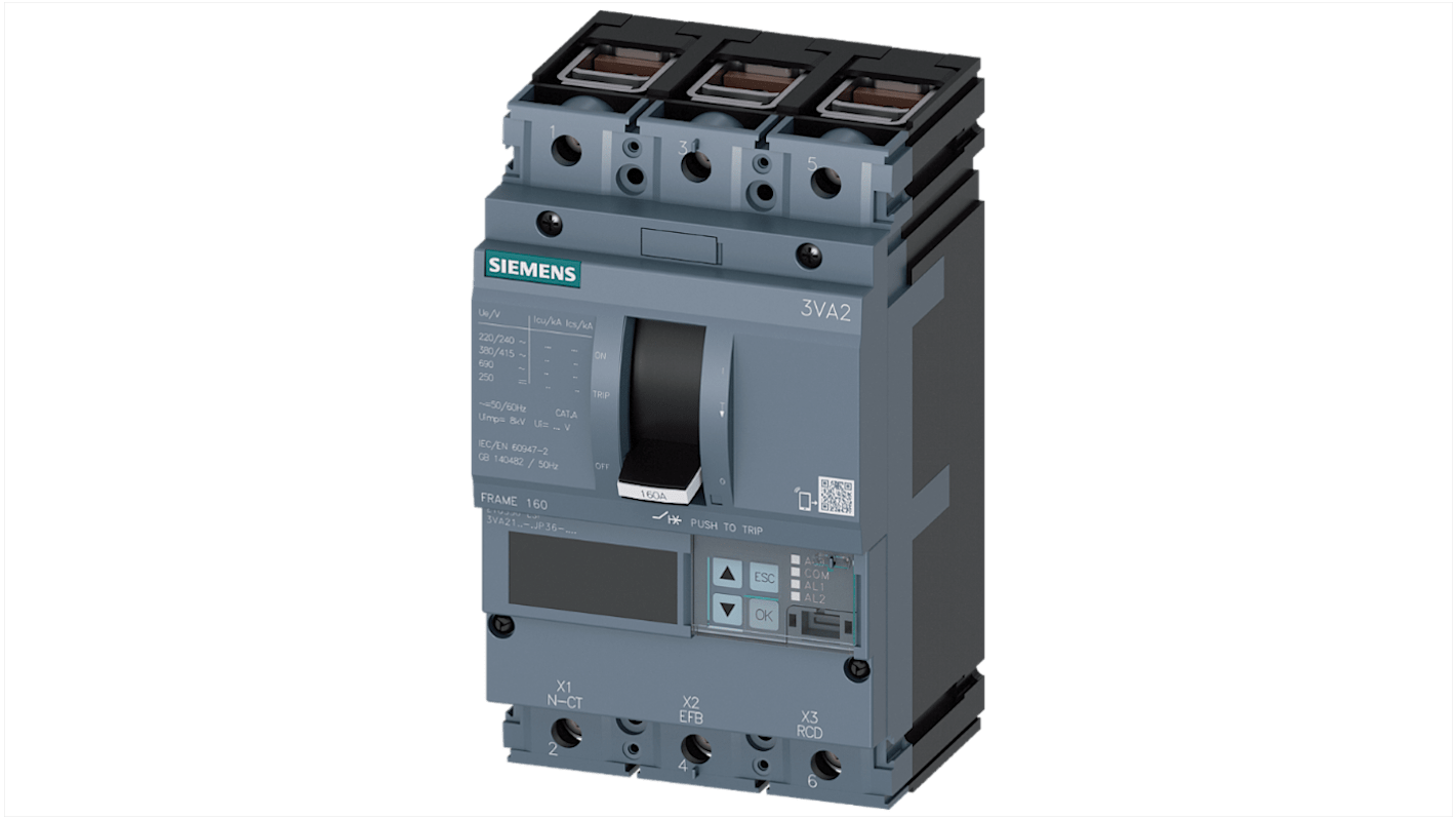 MCCB Siemens, 3 Polos, 100A, Capacidad de Ruptura 85 kA, Montaje fijo, SENTRON, 3VA2