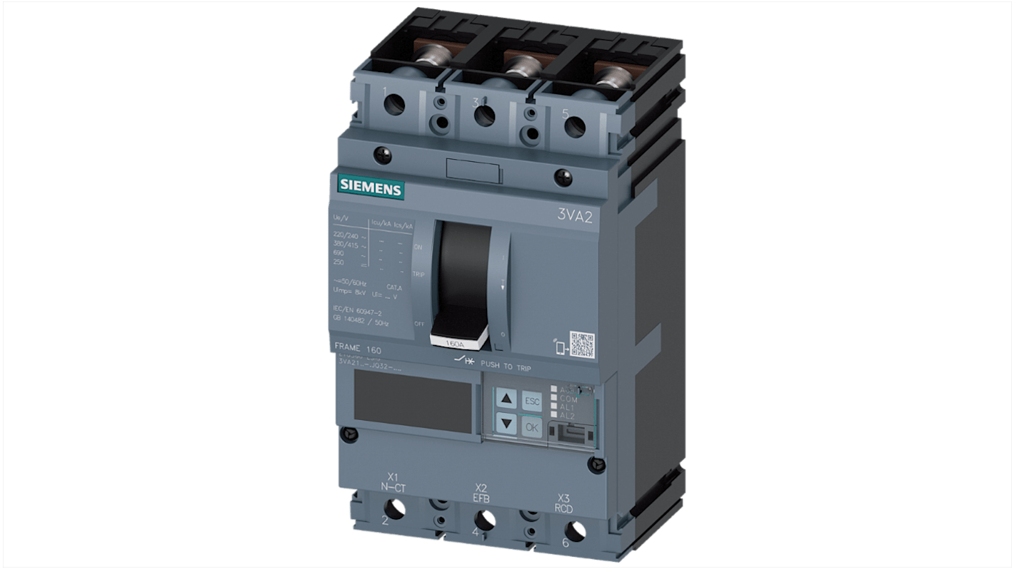 MCCB Siemens, 3 Polos, 100A, Capacidad de Ruptura 85 kA, Montaje fijo, SENTRON, 3VA2