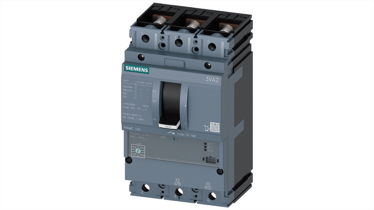 MCCB Siemens, 3 Polos, 100A, Capacidad de Ruptura 110 kA, Montaje fijo, SENTRON, 3VA2