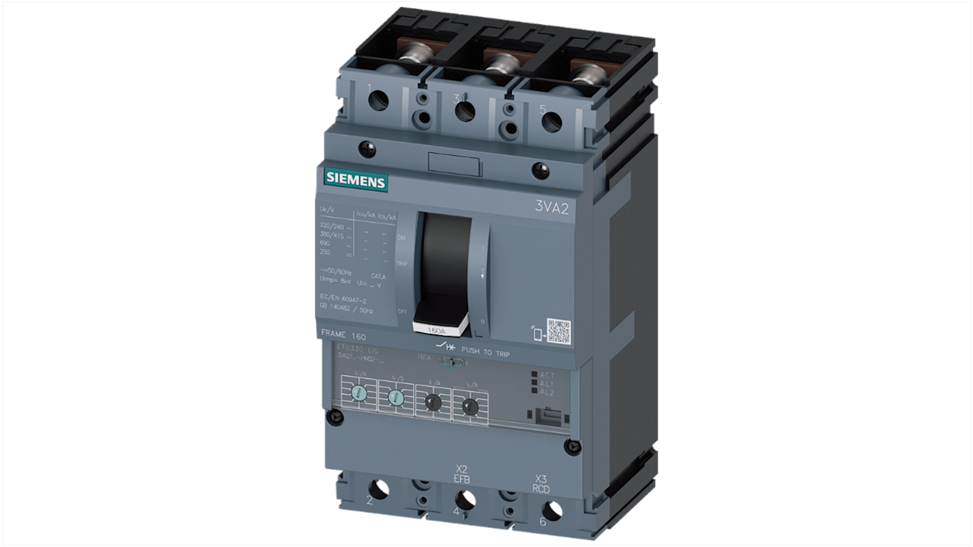 MCCB Siemens, 3 Polos, 100A, Capacidad de Ruptura 110 kA, Montaje fijo, SENTRON, 3VA2