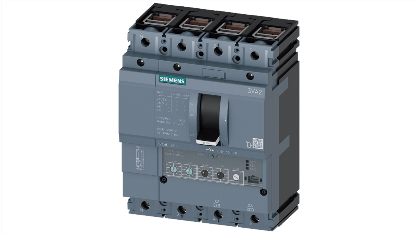 Disjoncteur Siemens SENTRON 4 pôles, 160A, pouvoir de coupure 110 kA, montage fixe