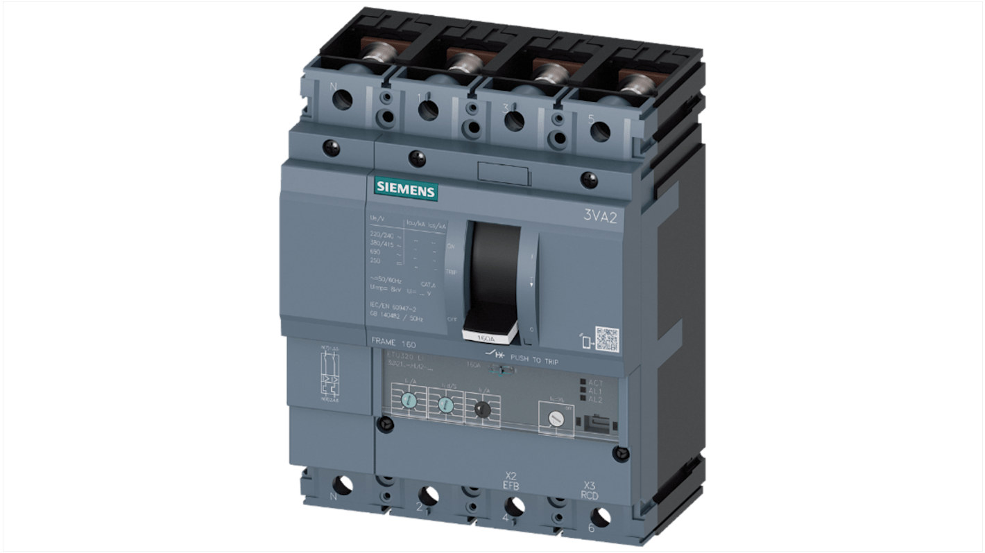 Siemens SENTRON 3VA2, Leistungsschalter MCCB 4-polig, 160A / Abschaltvermögen 150 kA, Fest