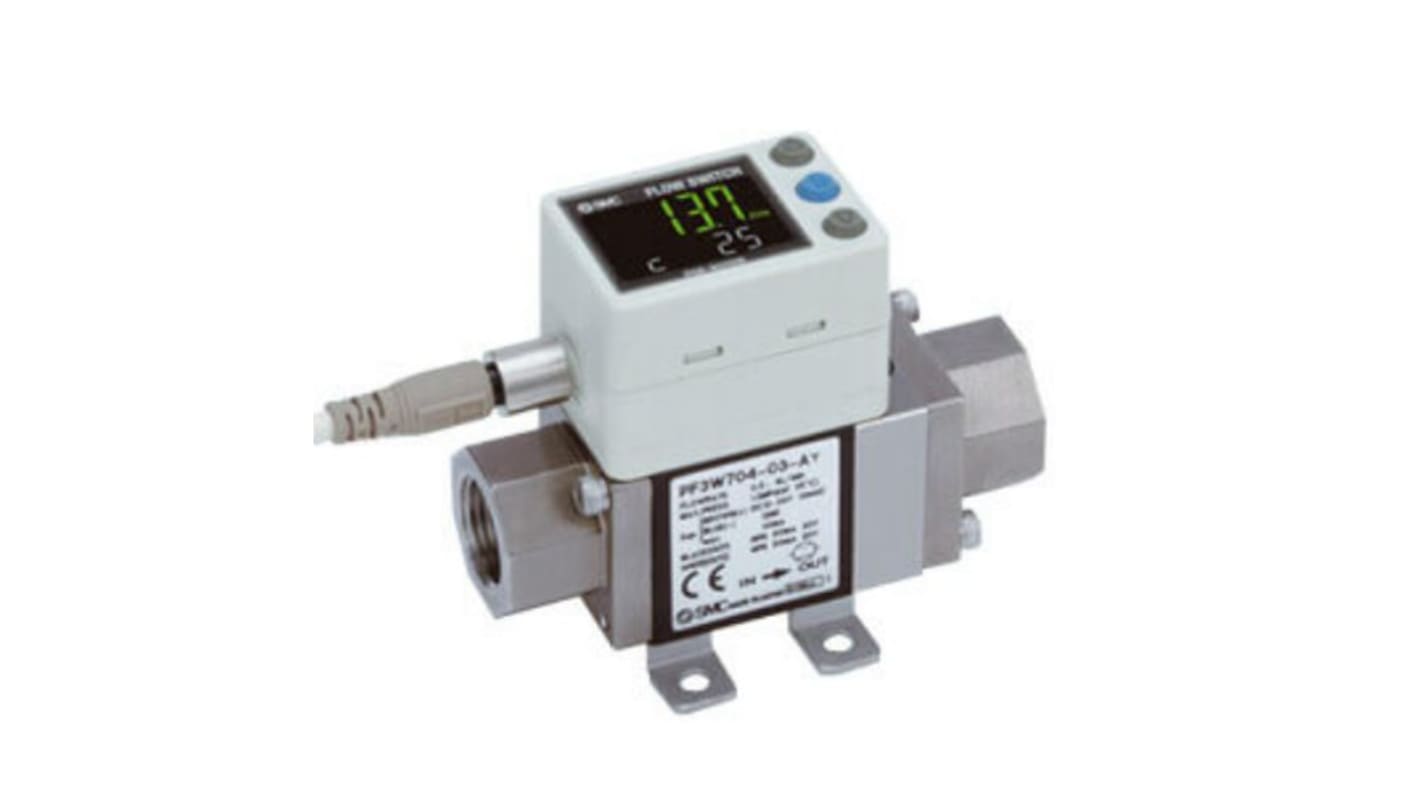 SMC PF3W Series Integrated Display Flow Switch for Water and Ethylene Glycol Aqueous Solution, 5 L/min Min, 40 L/min Max