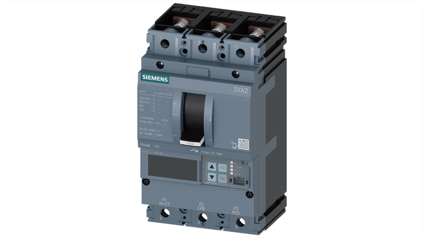 MCCB Siemens, 3 Polos, 25A, Capacidad de Ruptura 55 kA, Montaje fijo, SENTRON, 3VA2