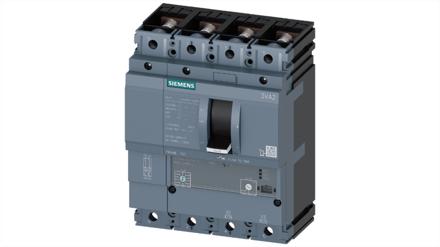 Siemens, SENTRON MCCB 4P 63A, Breaking Capacity 2.5 kA, Fixed Mount