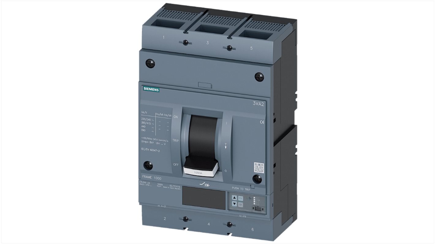 MCCB Siemens, 3 Polos, 1kA, Capacidad de Ruptura 35 kA, Montaje fijo, SENTRON, 3VA2