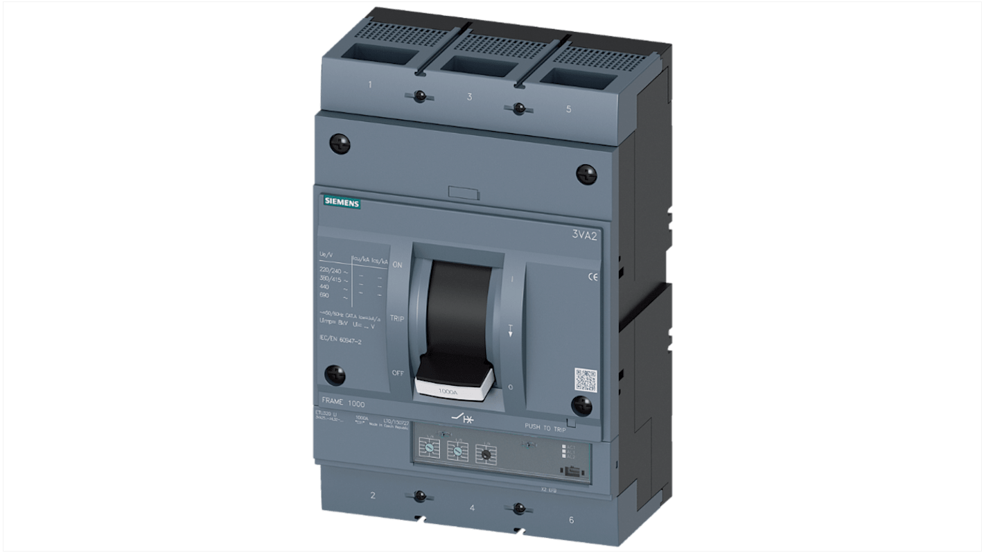 Siemens SENTRON 3VA2, Leistungsschalter MCCB 3-polig, 1kA / Abschaltvermögen 35 kA, Fest
