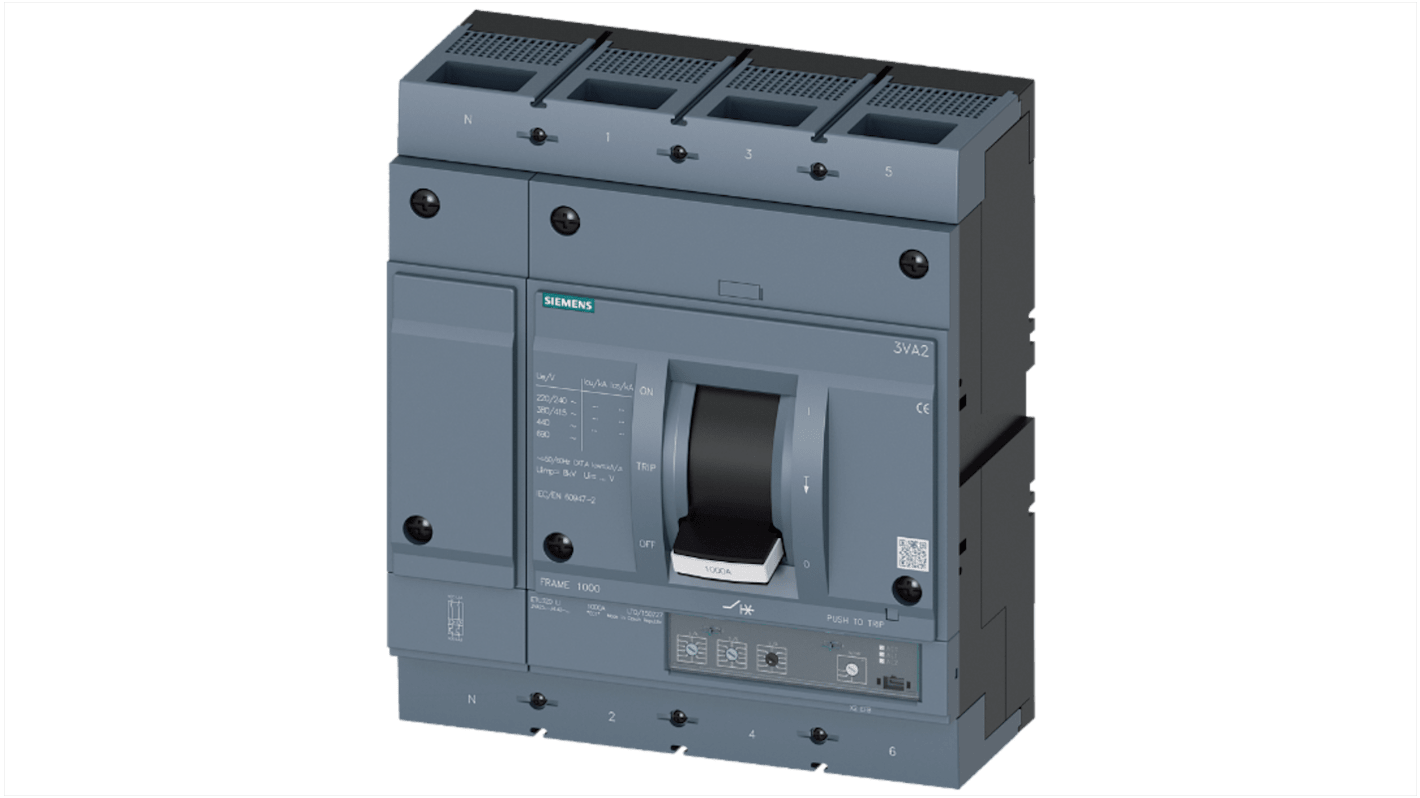 MCCB Siemens, 4 Polos, 1kA, Capacidad de Ruptura 35 kA, Montaje fijo, SENTRON, 3VA2