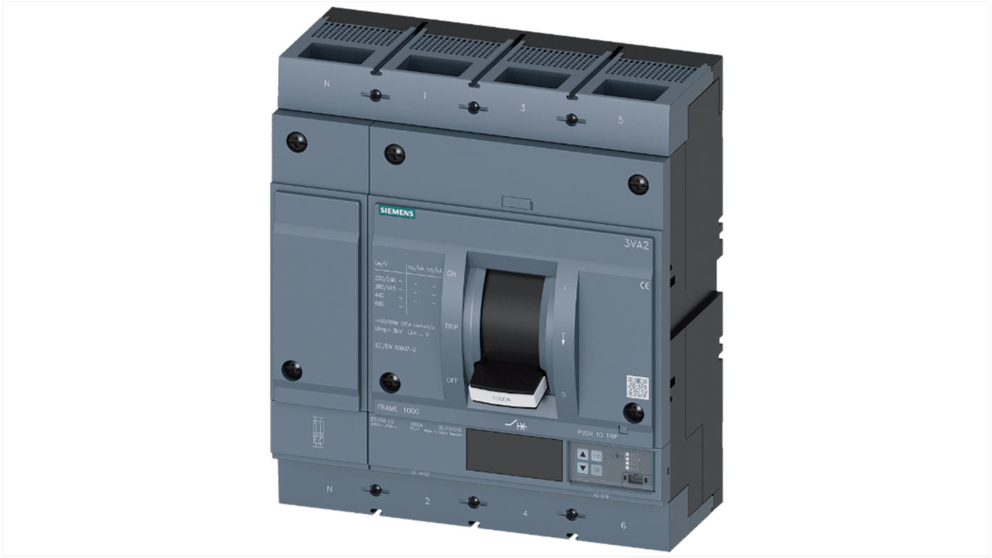 MCCB Siemens, 4 Polos, 1kA, Capacidad de Ruptura 35 kA, Montaje fijo, SENTRON, 3VA2