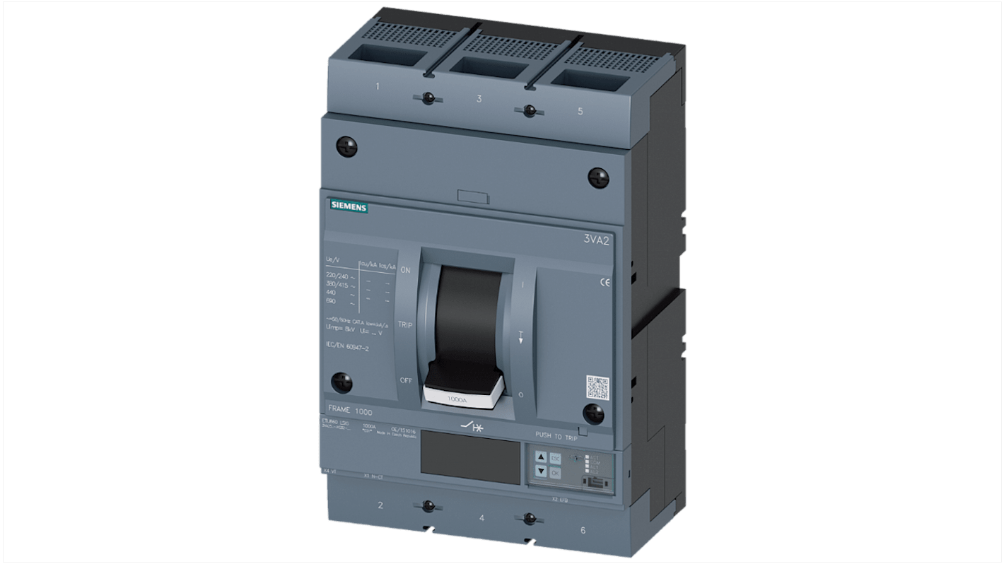 Disjoncteur Siemens SENTRON 3 pôles, 630A, pouvoir de coupure 25 kA, montage fixe