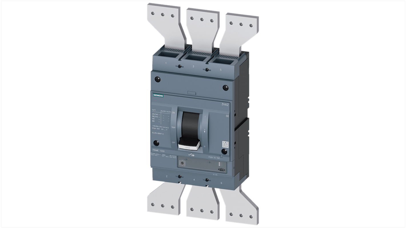 MCCB Siemens, 3 Polos, 1.25kA, Capacidad de Ruptura 25 kA, Montaje fijo, SENTRON, 3VA2