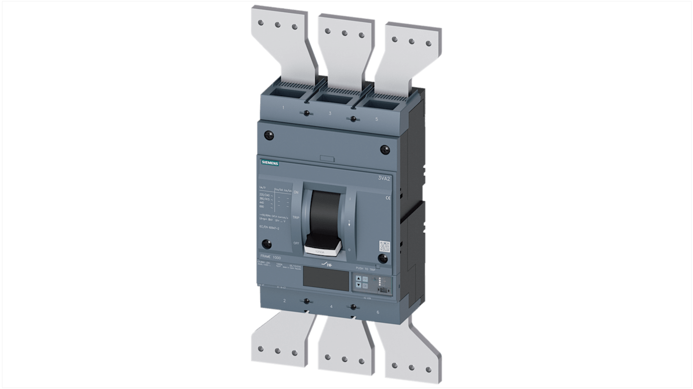 MCCB Siemens, 3 Polos, 1.25kA, Capacidad de Ruptura 35 kA, Montaje fijo, SENTRON, 3VA2