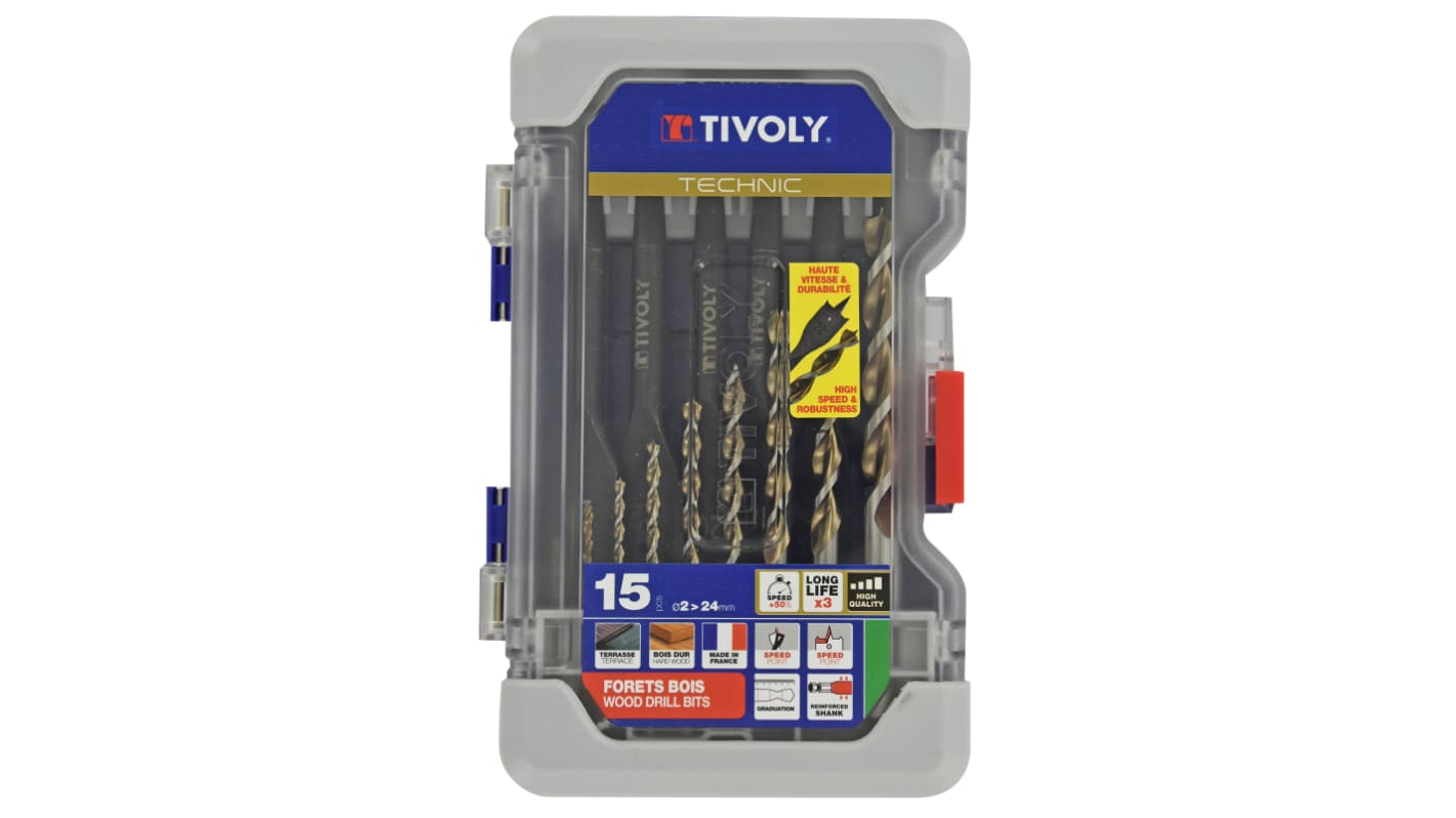 Tivoly 15-Piece Wood Drill Bit Set for Wood, 24mm Max, 2mm Min, HSS Bits