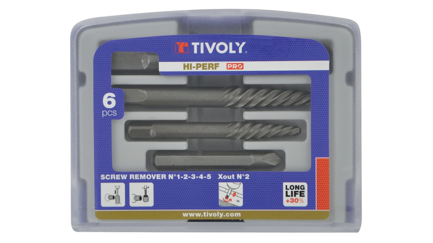 Juego de extractores de tornillos Tivoly 2, 3, 4, 5 + 1 Xout Ø2 → 8 mm, Incluye: 1 de 6 piezas