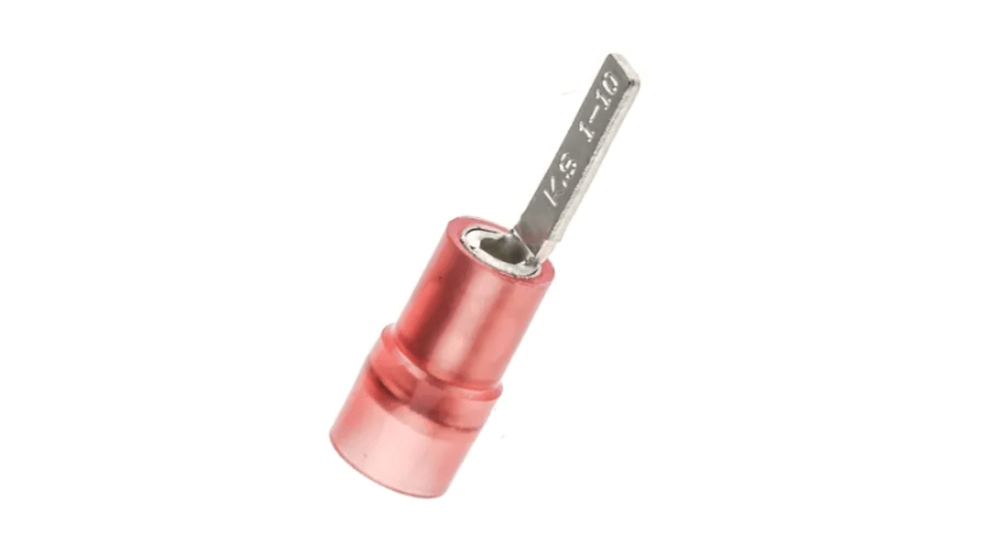 RS PRO Crimp flad stiftkabelsko Nej, Isoleret, stiftlængde: 10mm, Rød 16AWG 1.5mm² 22AWG 0.5mm² Uafskærmet