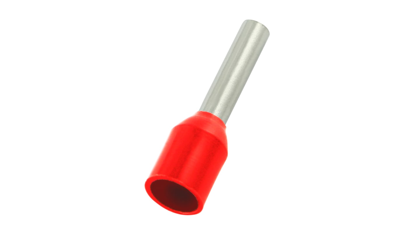 RS PRO Insulated Bootlace Ferrule, 8mm Pin Length, 2mm Pin Diameter, 1.5mm² Wire Size, Red