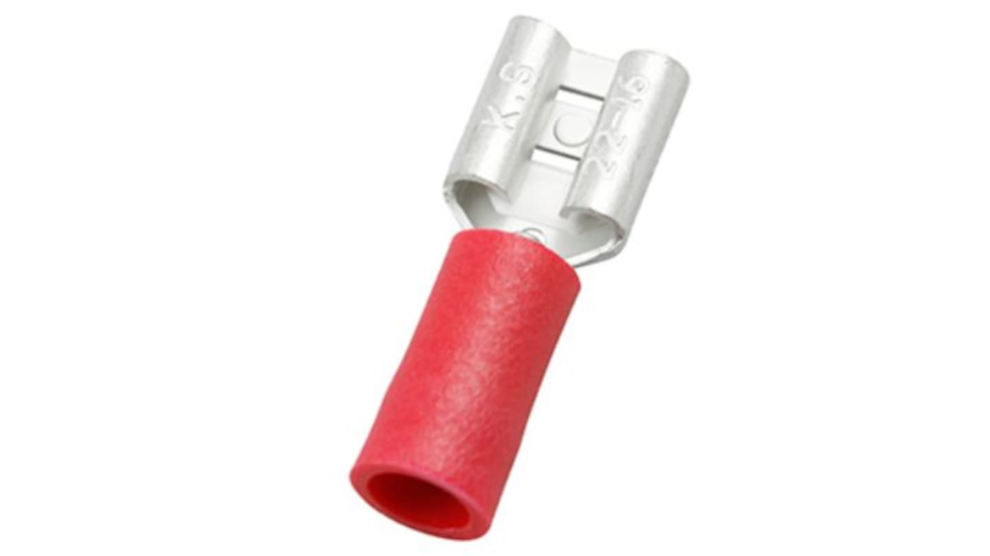 Terminal de lengüeta hembra aislado de color Rojo RS PRO de crimpar, 6.35 x 0.8mm, 0.5mm² → 1.5mm², de Latón estañado