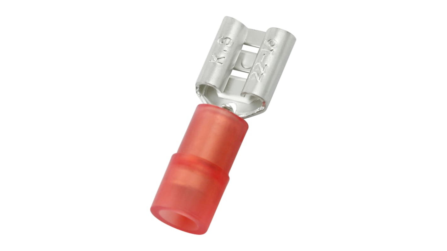 RS PRO Red Insulated Female Spade Connector, Double Crimp, 6.35 x 0.8mm Tab Size, 0.5mm² to 1.5mm²