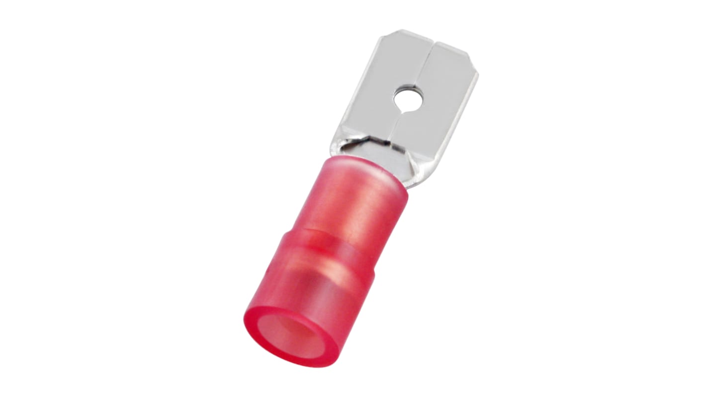 Terminal de lengüeta macho aislado de color Rojo RS PRO, 0.8 x 6.35mm, 0.5mm² → 1.5mm², long. 22mm, de Latón
