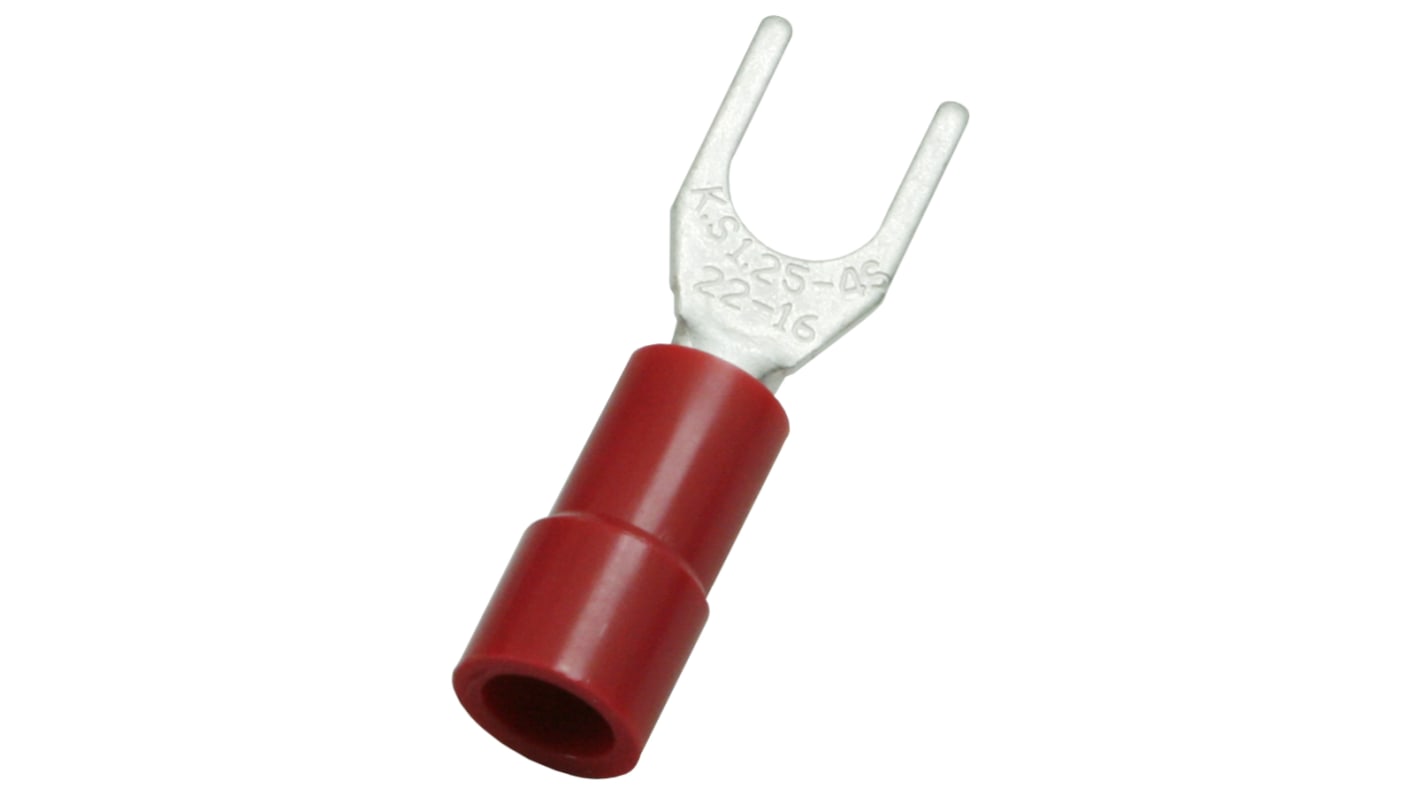 RS PRO Insulated Crimp Spade Connector, 0.5mm² to 1.5mm², 22AWG to 16AWG, 4.3mm Stud Size Vinyl, Red