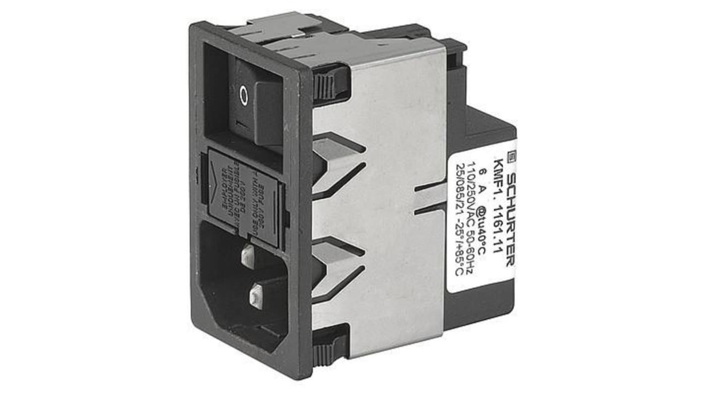 Schurter 2A, 250 V ac Male Panel Mount, Snap In Mount IEC Inlet Filter 2 Pole KMF1.1221.11, Quick Connect 1 Fuse