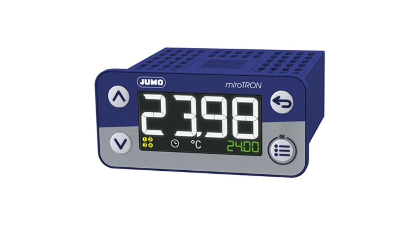 Controlador Jumo serie miroTRON, 69 x 62 x 36mm, 230 V ac, 2 (1Pt100, 1 DI) entradas, 2 salidas Relé