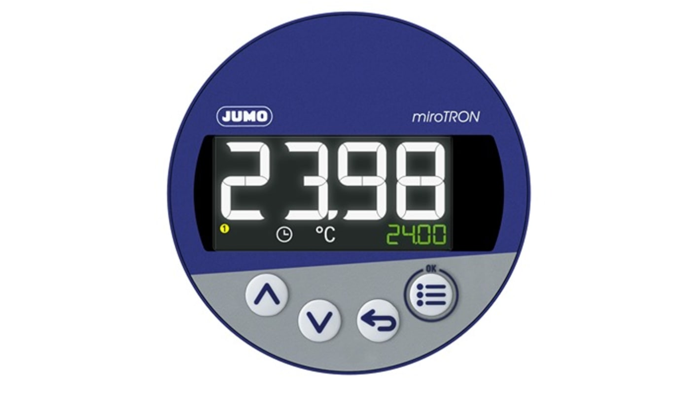 Controlador Jumo serie miroTRON, 81 x 80mm, 230 V ac, 2 (1Pt100, 1 DI) entradas, 1 salida Relé
