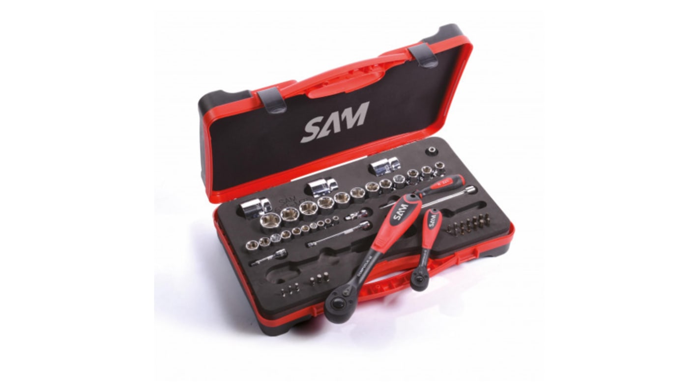 SAM 52-Piece Metric 1/2 in; 1/4 in Standard Socket/Bit Set with Ratchet, 6 point; Phillips Bit; Pozidriv Bit; Slotted