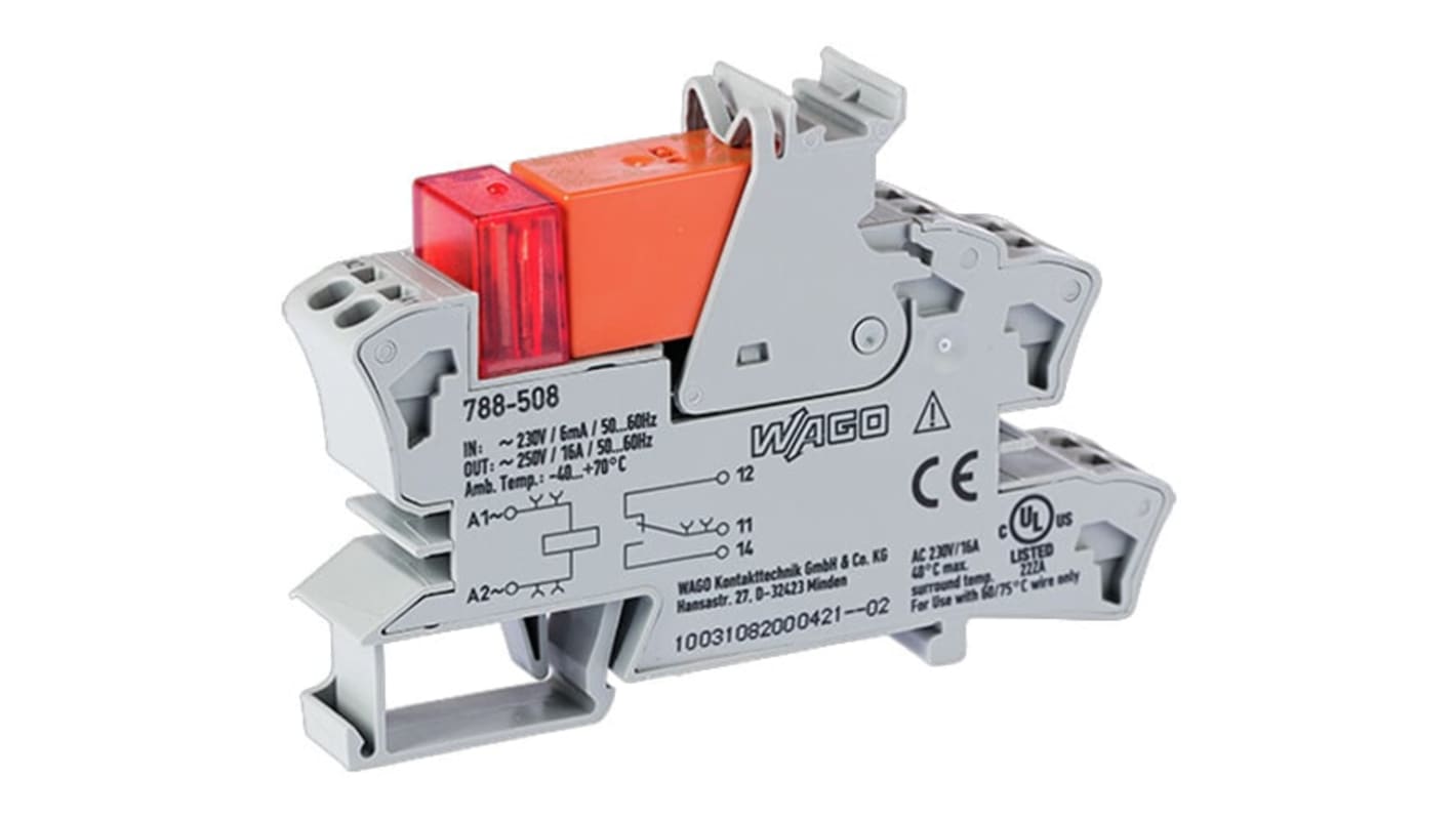 Wago Relay Module, DIN Rail Mount, 230V ac Coil, SPDT, 1-Pole, 16A Load