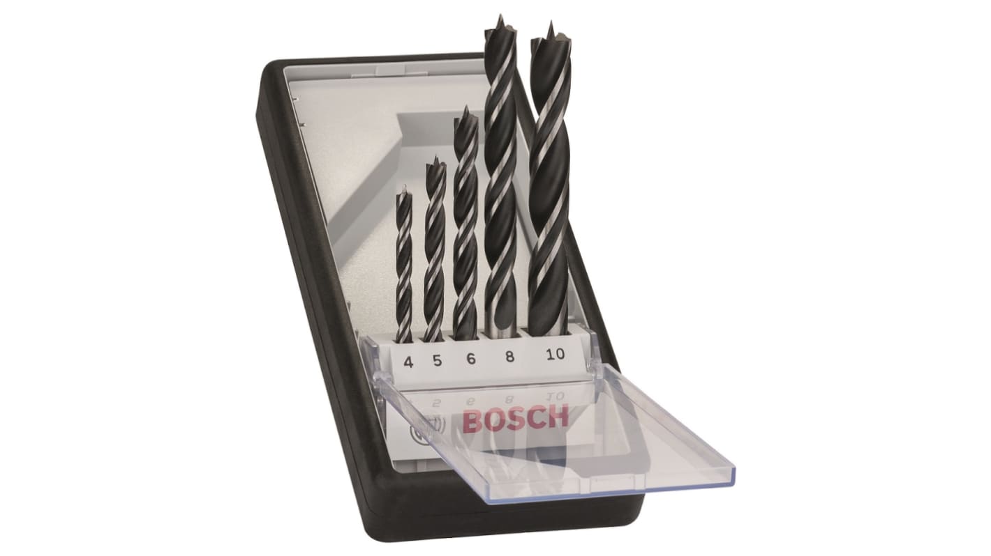 Bosch 5-Piece Twist Drill Bit Set for Wood, 10mm Max, 4mm Min