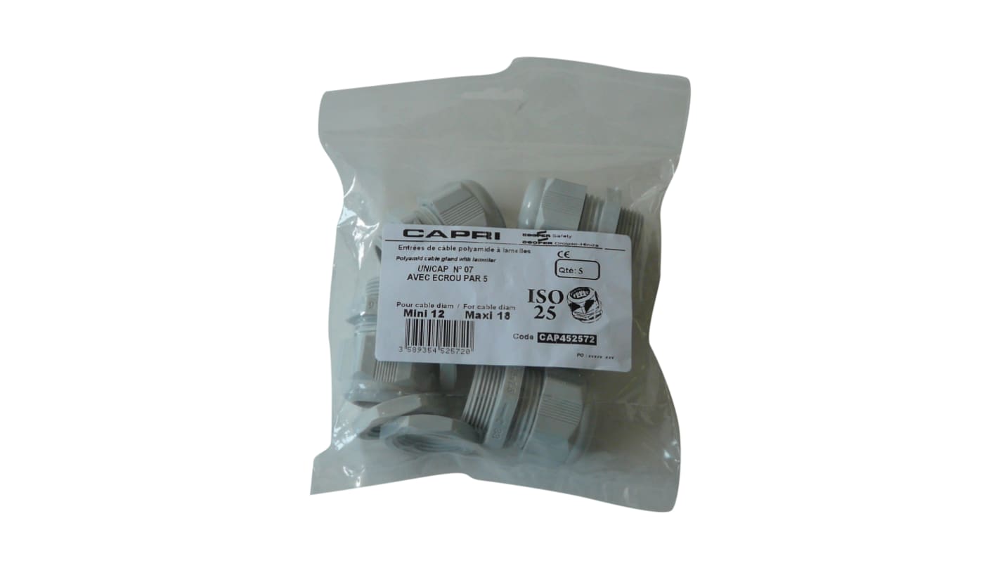 Capri UNICAP Series Grey Polyamide Cable Gland, PG11 Thread, 5mm Min, 10mm Max, IP68