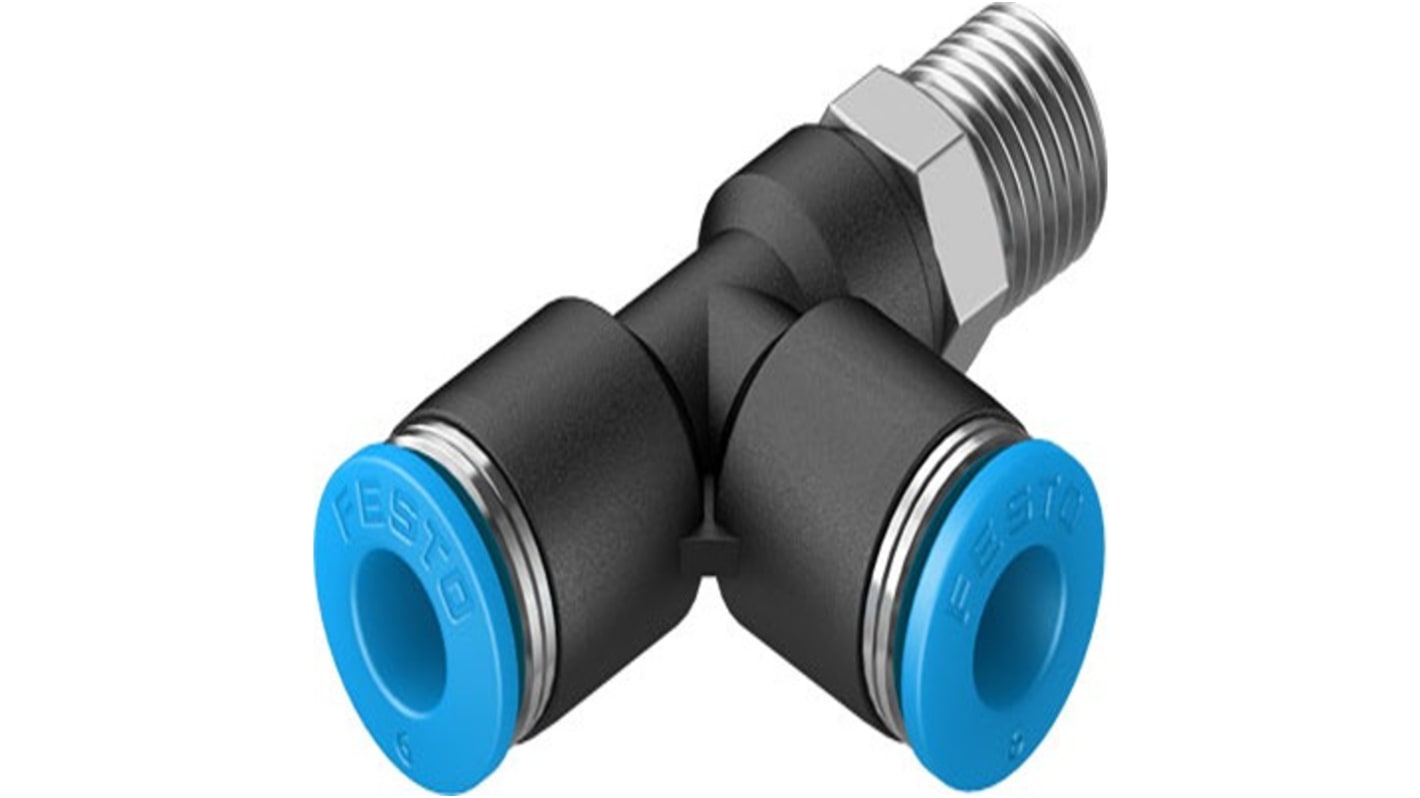 Festo QSTL Series T Fitting, R 1/8 Male to 6 mm, Threaded-to-Tube Connection Style