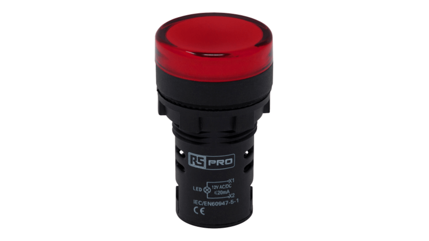 RS PRO, Panel Mount Red LED Pilot Light, 22mm Cutout, IP65, Round, 12V