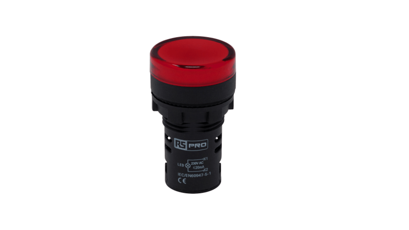 RS PRO Leuchtmelder 230V ac Rot, Ausschnitt-Ø 22mm LED Tafelmontage IP 65