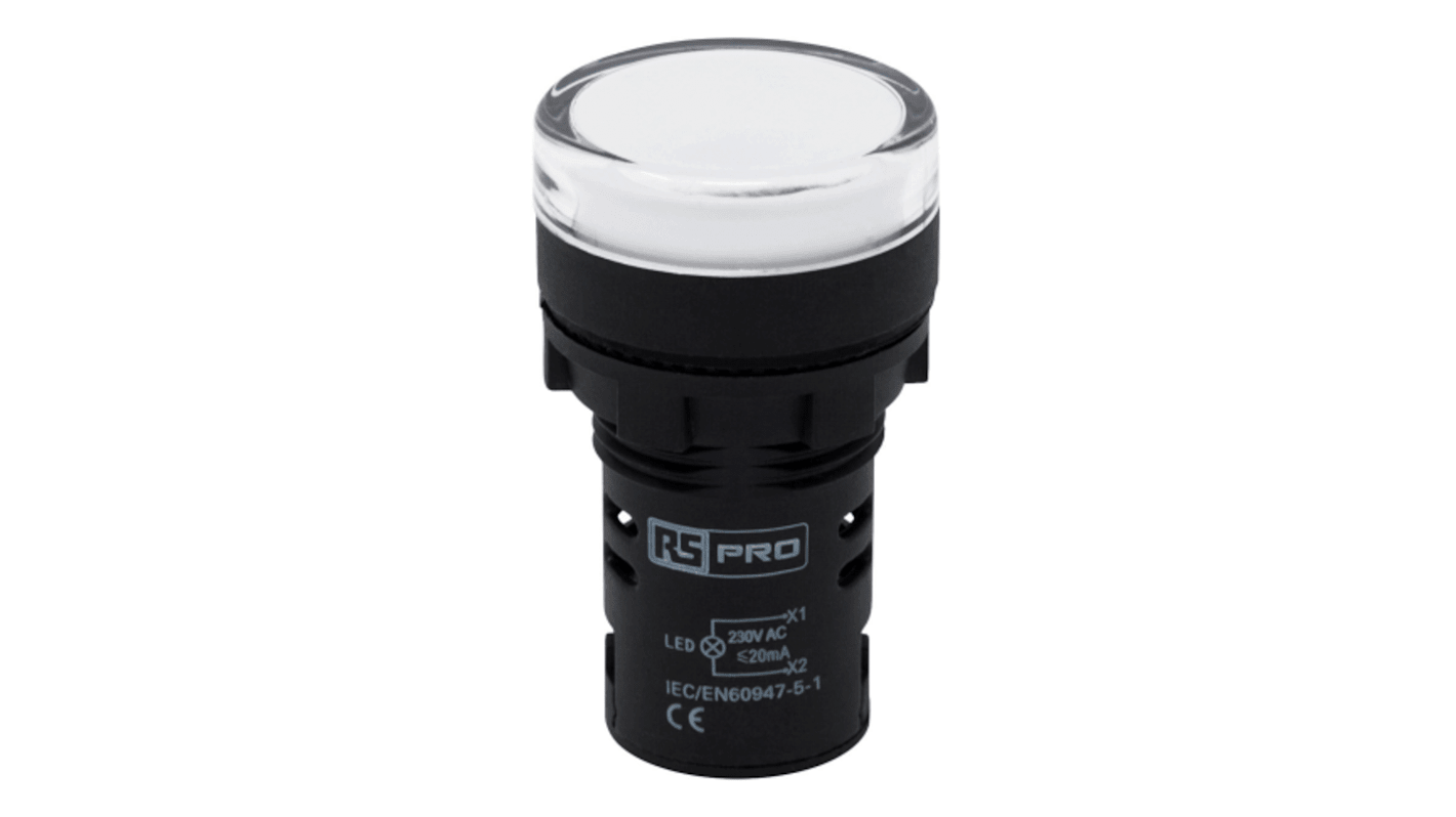 RS PRO, Panel Mount White LED Pilot Light, 22mm Cutout, IP65, Round ...
